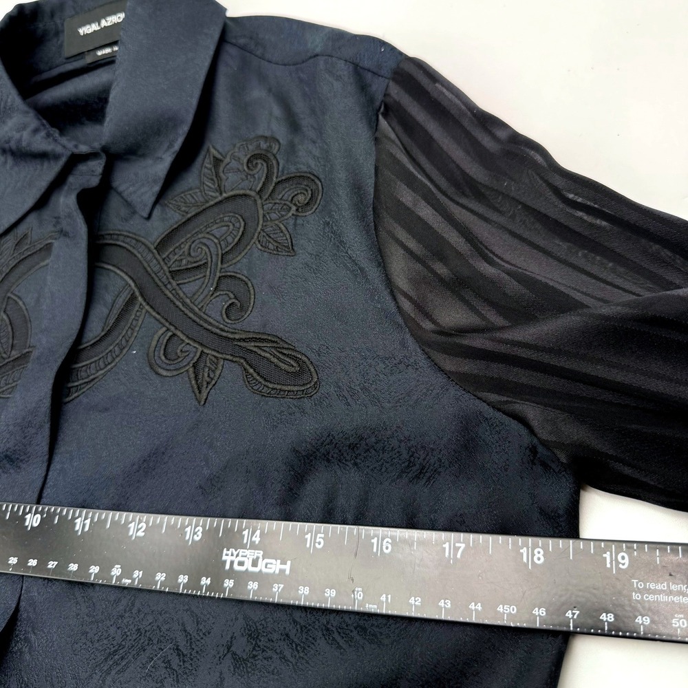 YIGAL AZROUEL Women's 4 Black 100% Silk Sheer Striped Sleeve Applique Blouse Top - Picture 6 of 8